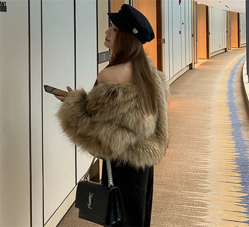 FANIECES Luxury Faux Fur Coats Women Winter Long Sleeve Furry Collarless Cardigan Fluffy Short Artificial Fur Outerweart шуба