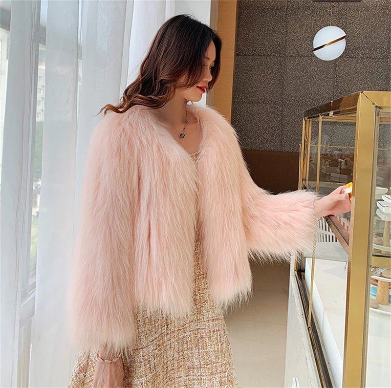 FANIECES Luxury Faux Fur Coats Women Winter Long Sleeve Furry Collarless Cardigan Fluffy Short Artificial Fur Outerweart шуба