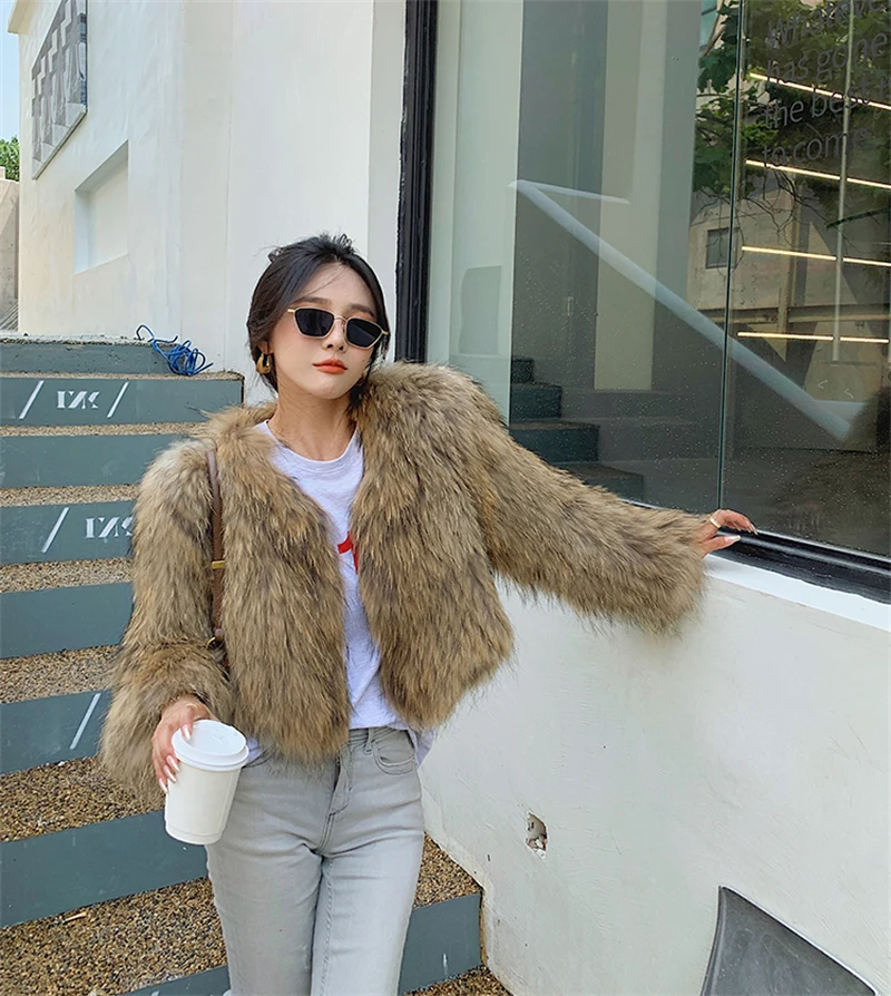 FANIECES Luxury Faux Fur Coats Women Winter Long Sleeve Furry Collarless Cardigan Fluffy Short Artificial Fur Outerweart шуба