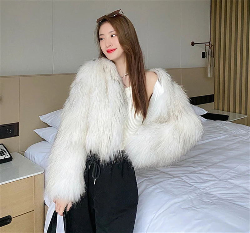FANIECES Luxury Faux Fur Coats Women Winter Long Sleeve Furry Collarless Cardigan Fluffy Short Artificial Fur Outerweart шуба