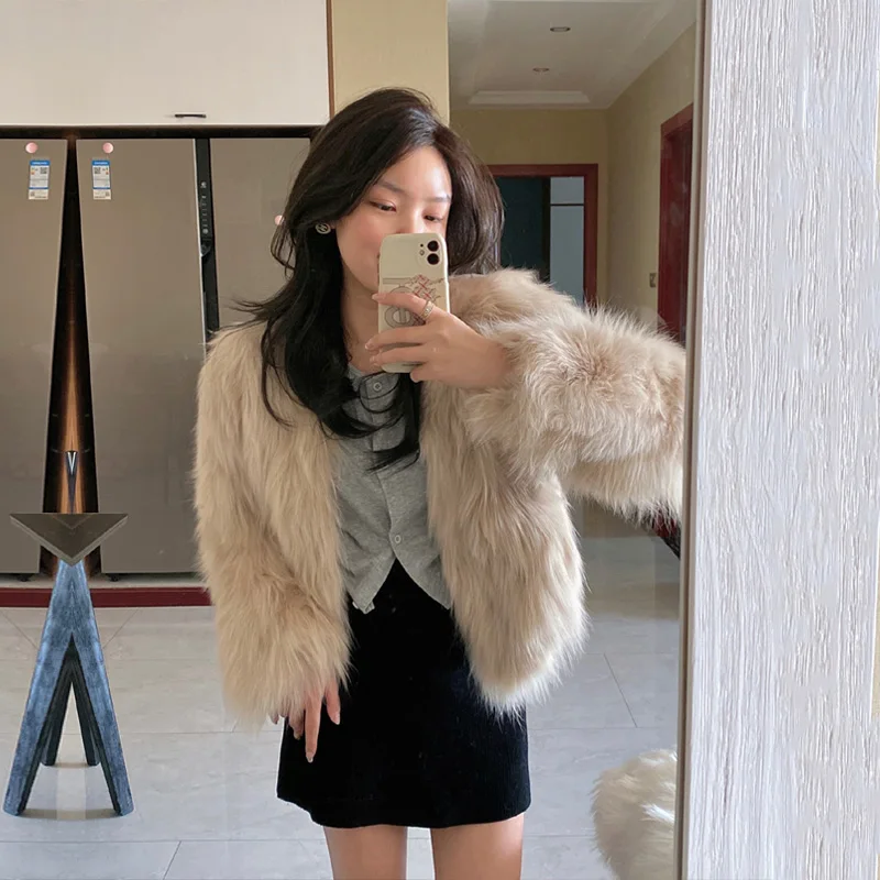 FANIECES Faux Fur Coat Women Luxury Collarless Short Fur Outwear Winter Elegant Thick Artificial Fur Jacket Warm Shaggy Overcoat