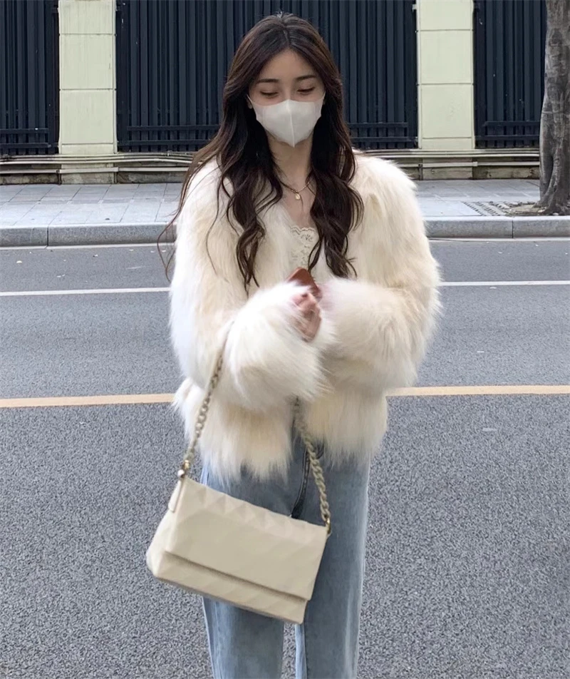 FANIECES Faux Fur Coat Women Luxury Collarless Short Fur Outwear Winter Elegant Thick Artificial Fur Jacket Warm Shaggy Overcoat