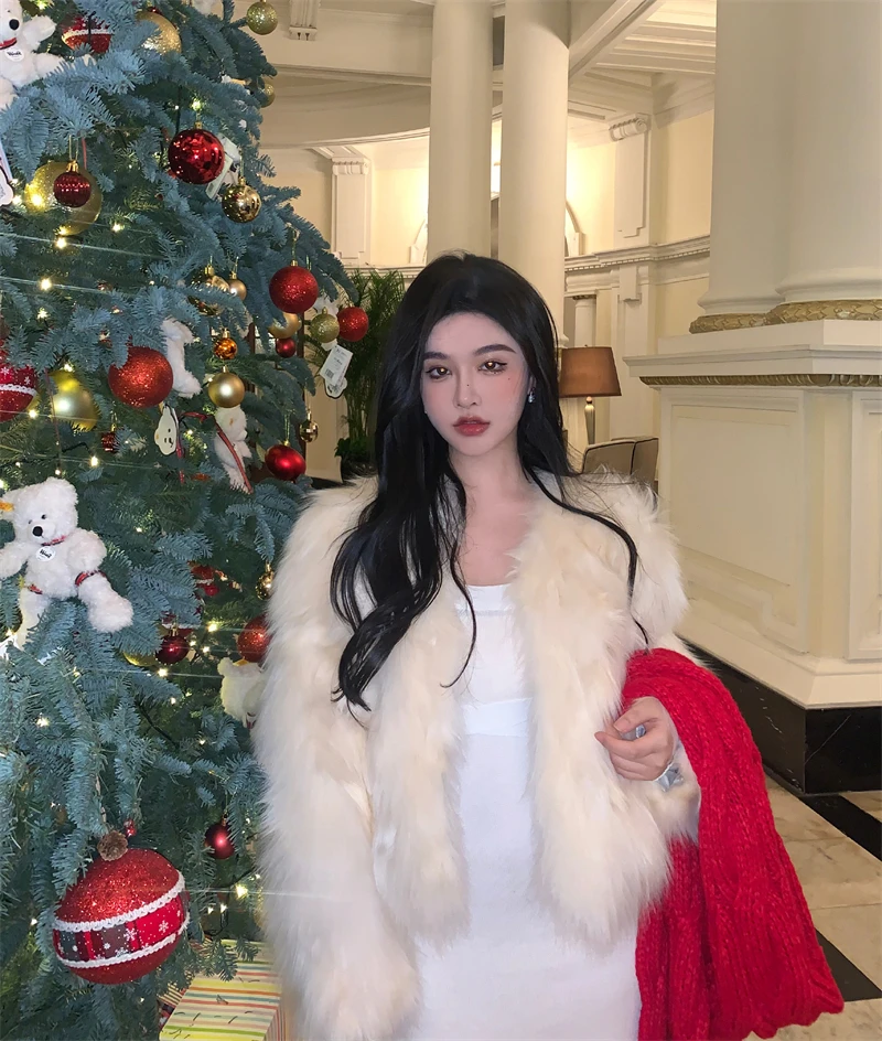 FANIECES Faux Fur Coat Women Luxury Collarless Short Fur Outwear Winter Elegant Thick Artificial Fur Jacket Warm Shaggy Overcoat