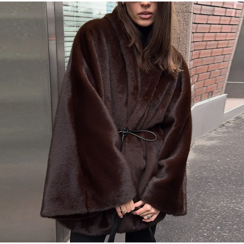 Vintage Brown Women's Faux Fur Coat Loose Full Sleeve Thicken Female Street Outerwear 2026 Autumn Winter Fashion Lady Jacket