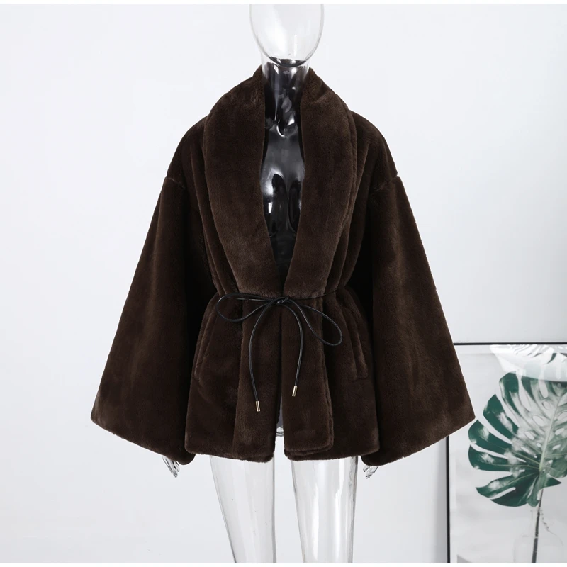 Vintage Brown Women's Faux Fur Coat Loose Full Sleeve Thicken Female Street Outerwear 2026 Autumn Winter Fashion Lady Jacket