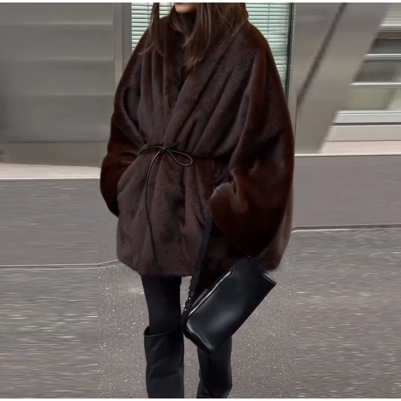 Vintage Brown Women's Faux Fur Coat Loose Full Sleeve Thicken Female Street Outerwear 2026 Autumn Winter Fashion Lady Jacket
