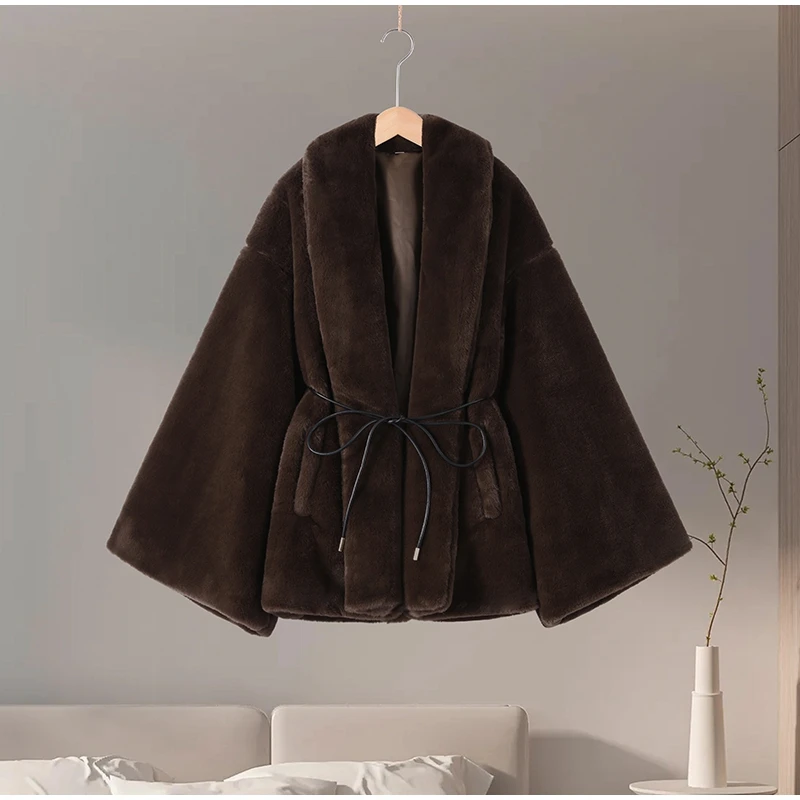 Vintage Brown Women's Faux Fur Coat Loose Full Sleeve Thicken Female Street Outerwear 2026 Autumn Winter Fashion Lady Jacket