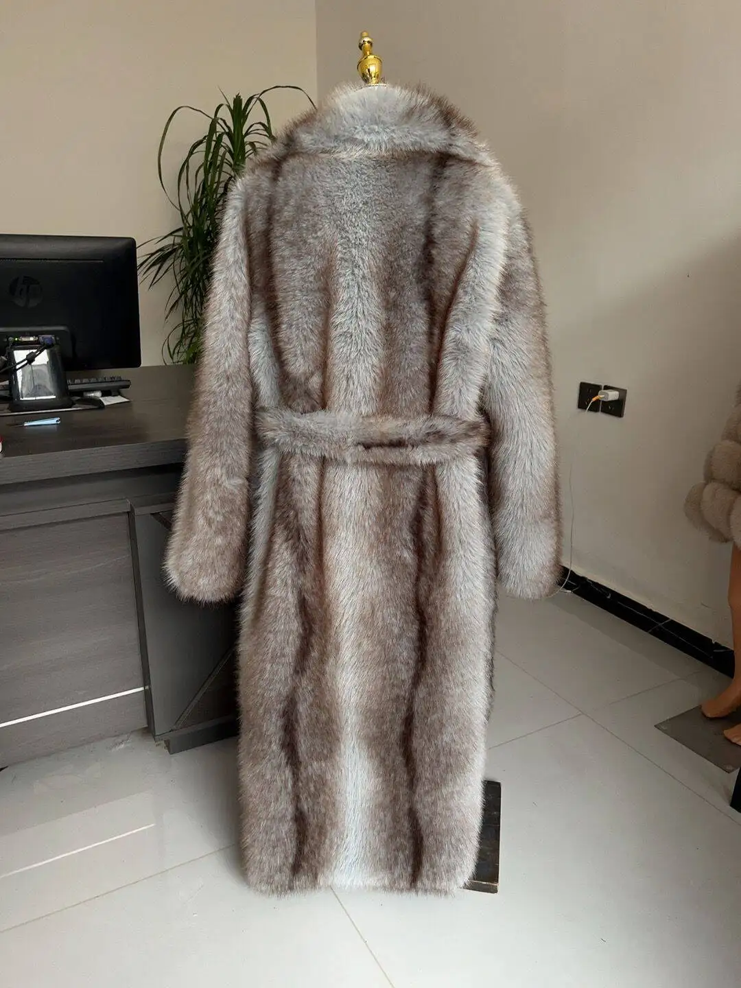 Long Faux Fur Coat Women's with Black Imprint and Large Collar for Women in Winter Long Faux Fur Jacket with Waistband Design