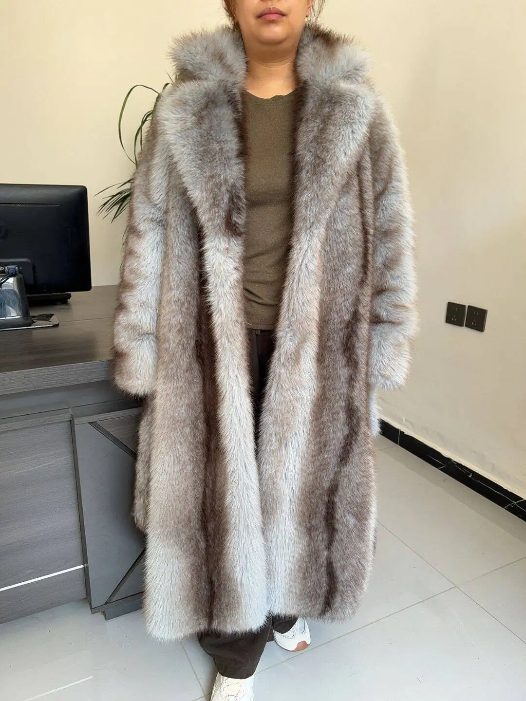 Long Faux Fur Coat Women's with Black Imprint and Large Collar for Women in Winter Long Faux Fur Jacket with Waistband Design
