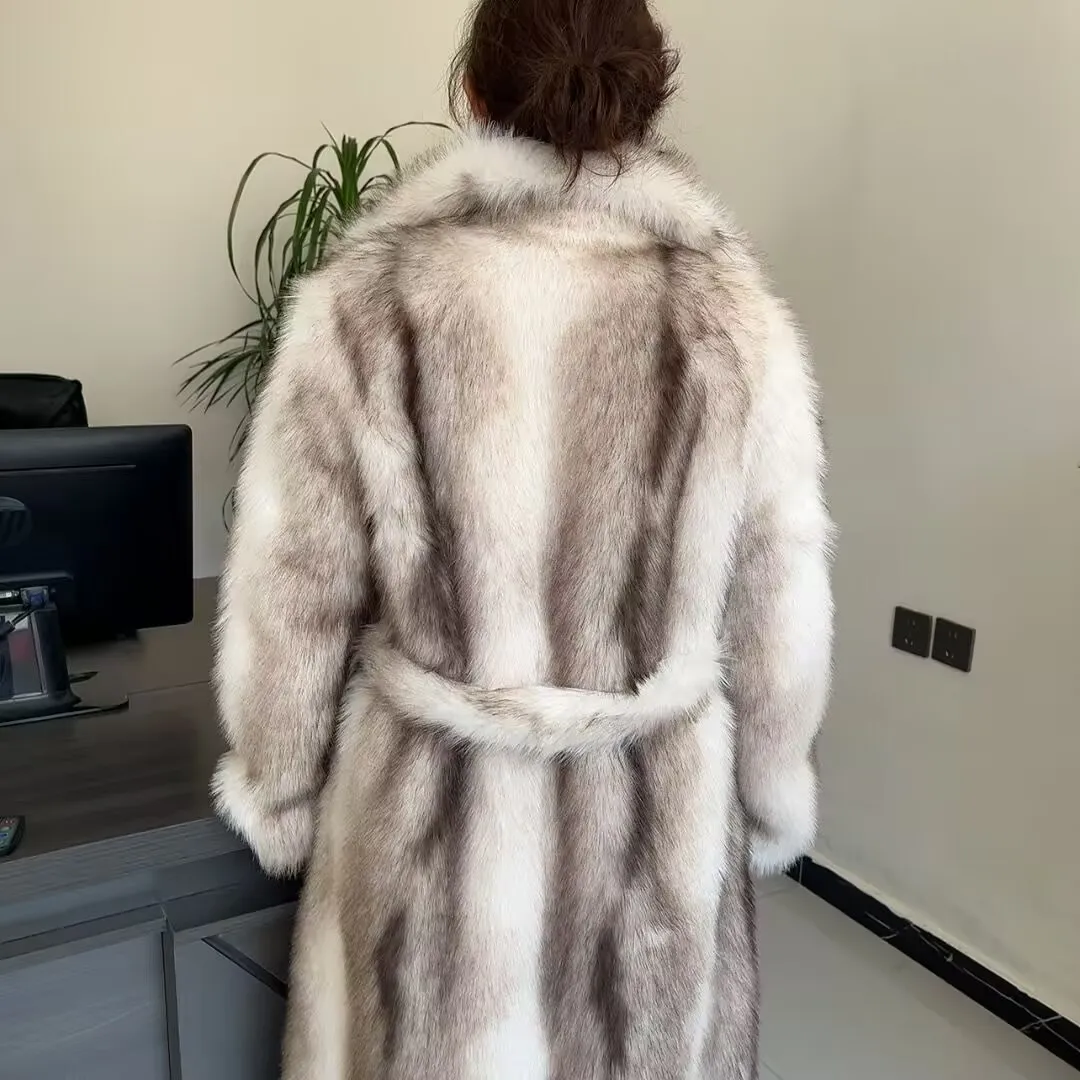 Long Faux Fur Coat Women's with Black Imprint and Large Collar for Women in Winter Long Faux Fur Jacket with Waistband Design