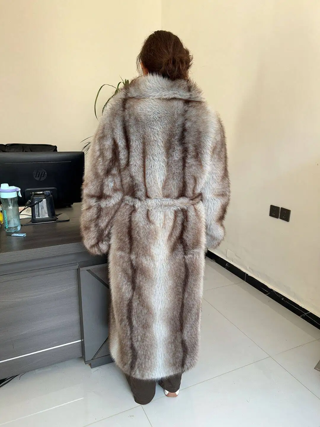 Long Faux Fur Coat Women's with Black Imprint and Large Collar for Women in Winter Long Faux Fur Jacket with Waistband Design