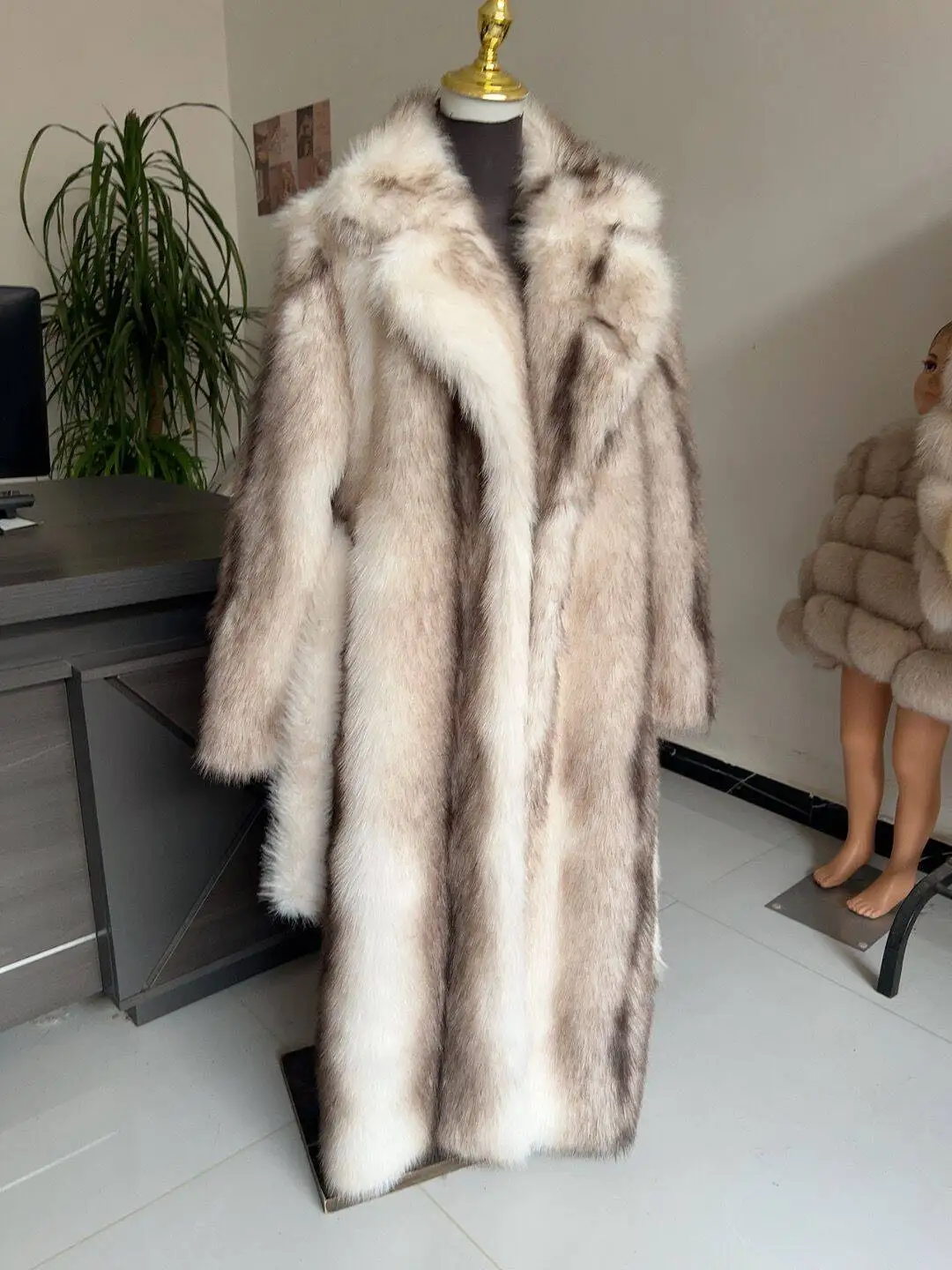 Long Faux Fur Coat Women's with Black Imprint and Large Collar for Women in Winter Long Faux Fur Jacket with Waistband Design