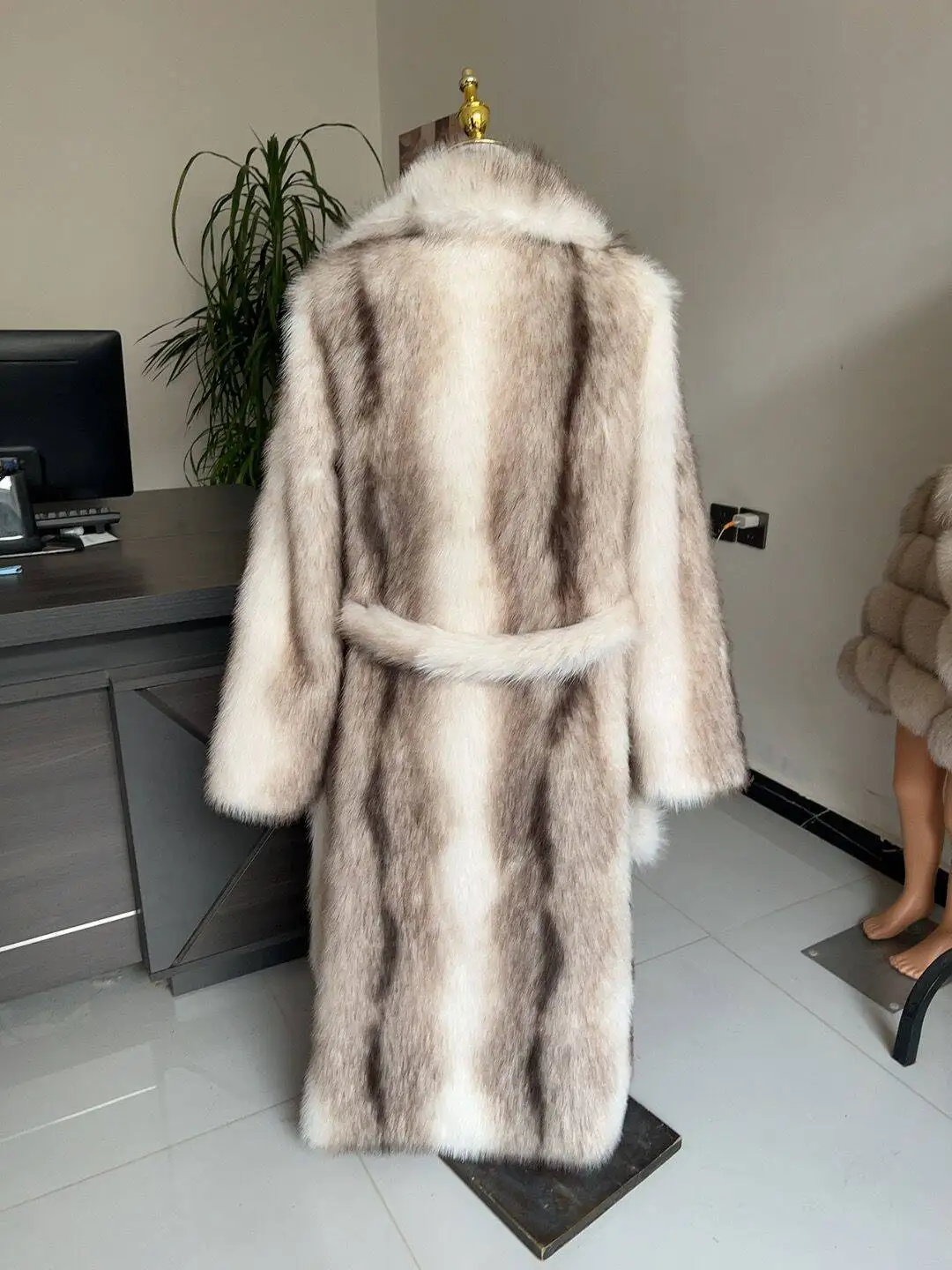 Long Faux Fur Coat Women's with Black Imprint and Large Collar for Women in Winter Long Faux Fur Jacket with Waistband Design