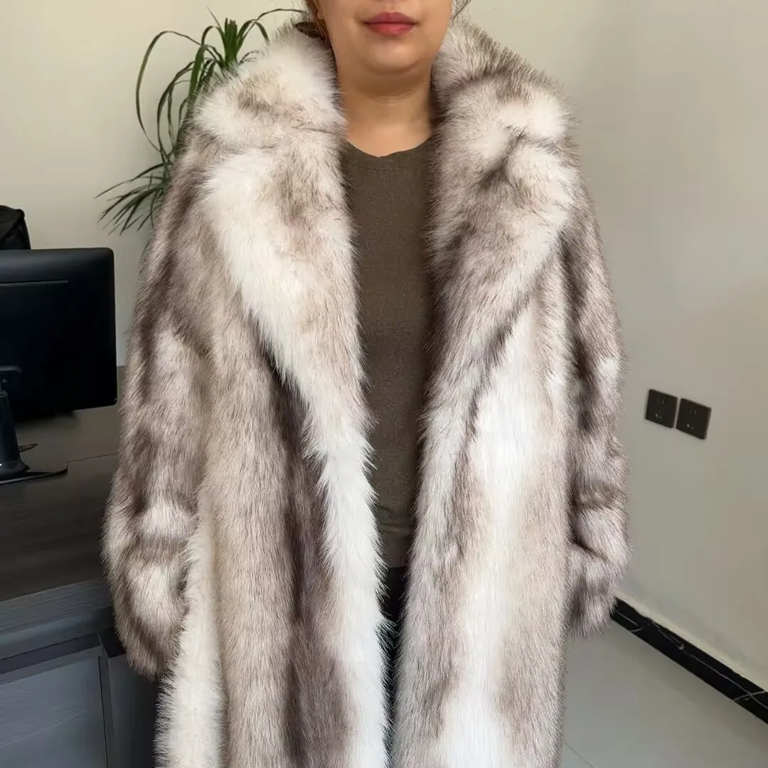 Long Faux Fur Coat Women's with Black Imprint and Large Collar for Women in Winter Long Faux Fur Jacket with Waistband Design