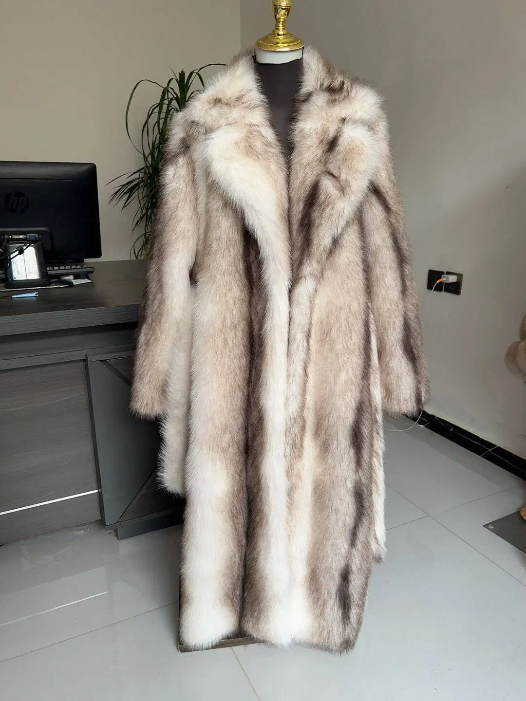 Long Faux Fur Coat Women's with Black Imprint and Large Collar for Women in Winter Long Faux Fur Jacket with Waistband Design