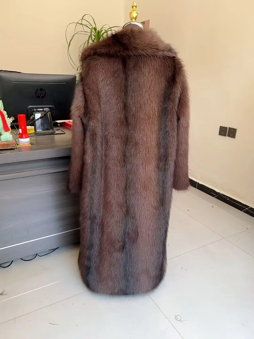 Long Faux Fur Coat Women's with Black Imprint and Large Collar for Women in Winter Long Faux Fur Jacket with Waistband Design