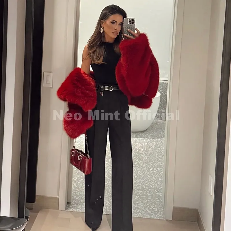 Neo Mint Y2k Brand Fashion Christmas Red Hooded Faux Fur Coat Women 2025 Winter Autumn Oversized Shaggy Overcoat Fox Fur Jacket