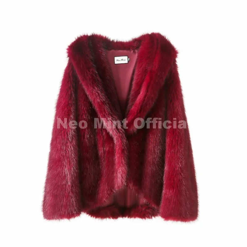 Neo Mint Y2k Brand Fashion Christmas Red Hooded Faux Fur Coat Women 2025 Winter Autumn Oversized Shaggy Overcoat Fox Fur Jacket