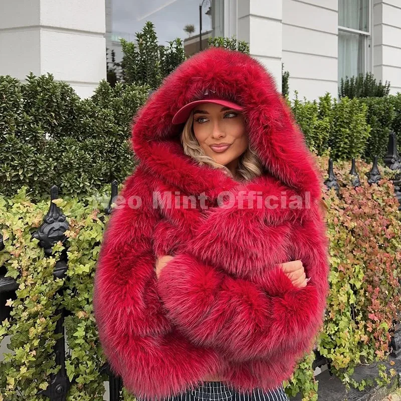 Neo Mint Y2k Brand Fashion Christmas Red Hooded Faux Fur Coat Women 2025 Winter Autumn Oversized Shaggy Overcoat Fox Fur Jacket