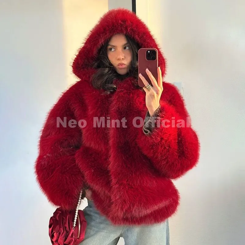 Neo Mint Y2k Brand Fashion Christmas Red Hooded Faux Fur Coat Women 2025 Winter Autumn Oversized Shaggy Overcoat Fox Fur Jacket