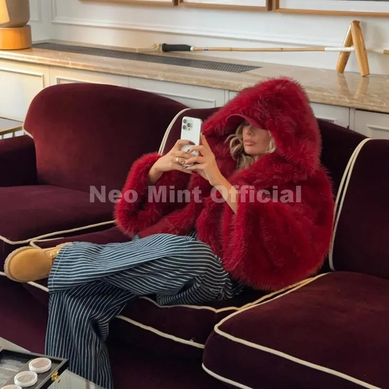 Neo Mint Y2k Brand Fashion Christmas Red Hooded Faux Fur Coat Women 2025 Winter Autumn Oversized Shaggy Overcoat Fox Fur Jacket