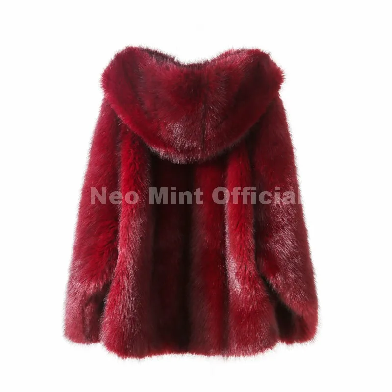 Neo Mint Y2k Brand Fashion Christmas Red Hooded Faux Fur Coat Women 2025 Winter Autumn Oversized Shaggy Overcoat Fox Fur Jacket