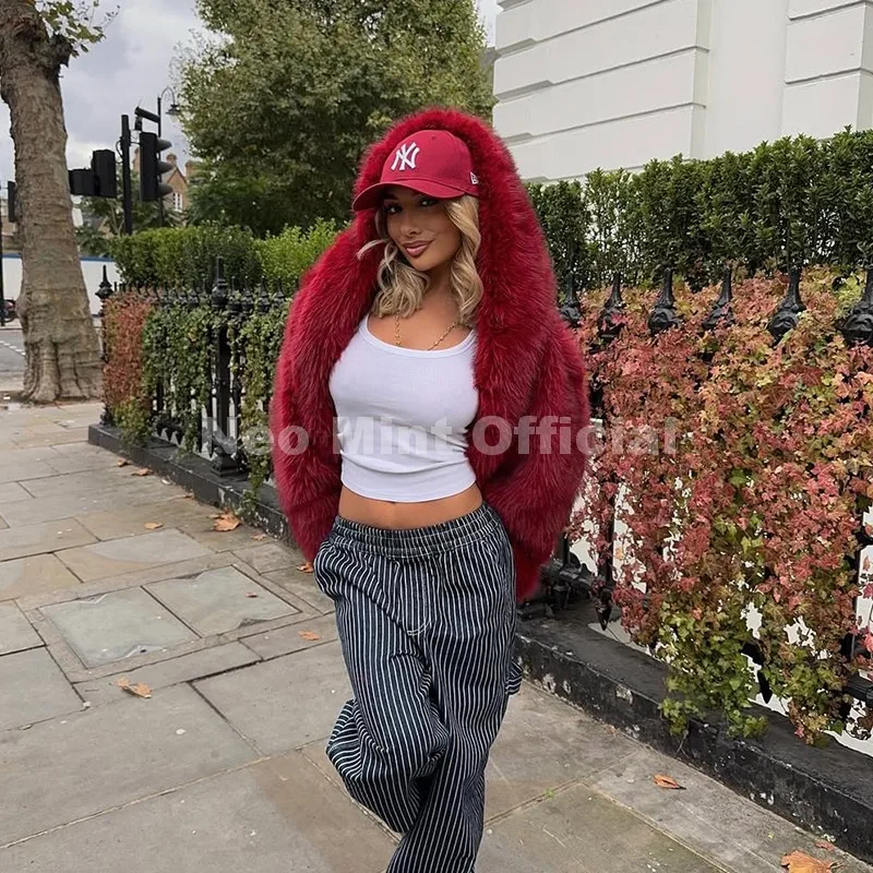 Neo Mint Y2k Brand Fashion Christmas Red Hooded Faux Fur Coat Women 2025 Winter Autumn Oversized Shaggy Overcoat Fox Fur Jacket