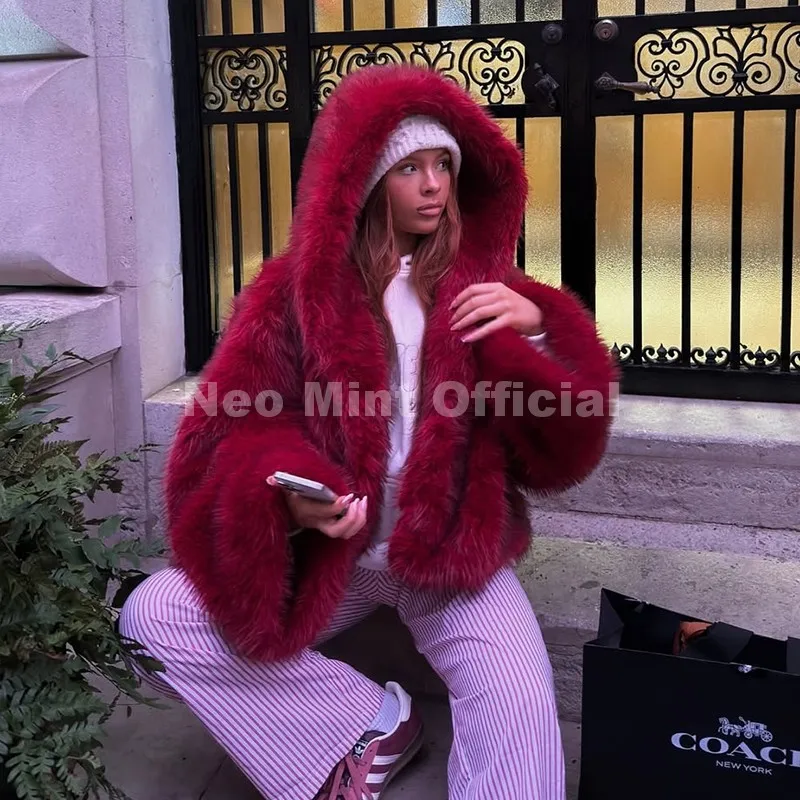 Neo Mint Y2k Brand Fashion Christmas Red Hooded Faux Fur Coat Women 2025 Winter Autumn Oversized Shaggy Overcoat Fox Fur Jacket