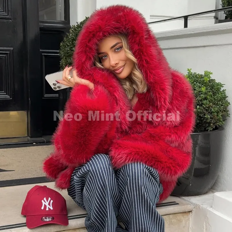 Neo Mint Y2k Brand Fashion Christmas Red Hooded Faux Fur Coat Women 2025 Winter Autumn Oversized Shaggy Overcoat Fox Fur Jacket
