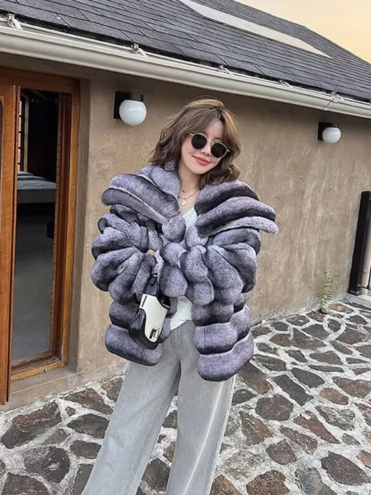 ZADORIN Luxury Winter Jackets for Woman Chinchilla Color Fluffy Warm Faux Rabbit Fur Coat Woman Big Lapel Short Faux Fur Jacket