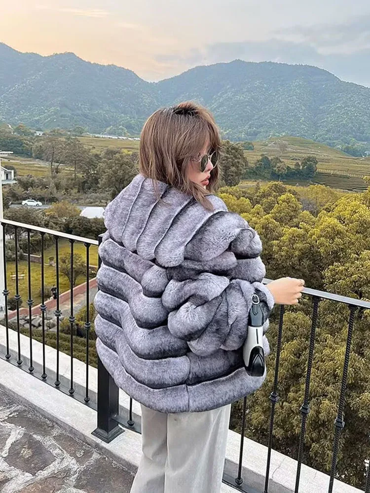 ZADORIN Luxury Winter Jackets for Woman Chinchilla Color Fluffy Warm Faux Rabbit Fur Coat Woman Big Lapel Short Faux Fur Jacket