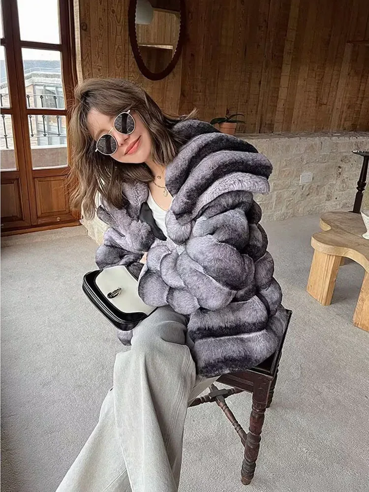 ZADORIN Luxury Winter Jackets for Woman Chinchilla Color Fluffy Warm Faux Rabbit Fur Coat Woman Big Lapel Short Faux Fur Jacket