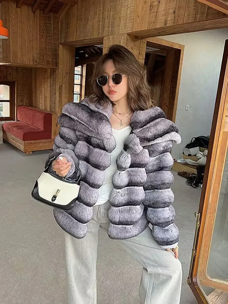 ZADORIN Luxury Winter Jackets for Woman Chinchilla Color Fluffy Warm Faux Rabbit Fur Coat Woman Big Lapel Short Faux Fur Jacket