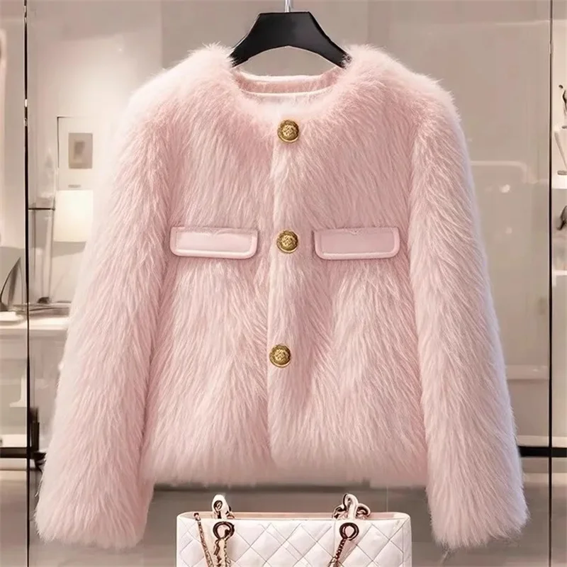 Imitation Fox Fur Coat For Women Spring And Autumn Winter Thickened Short Lamb Wool Coat For Thickening Plush Women Outwear Pink