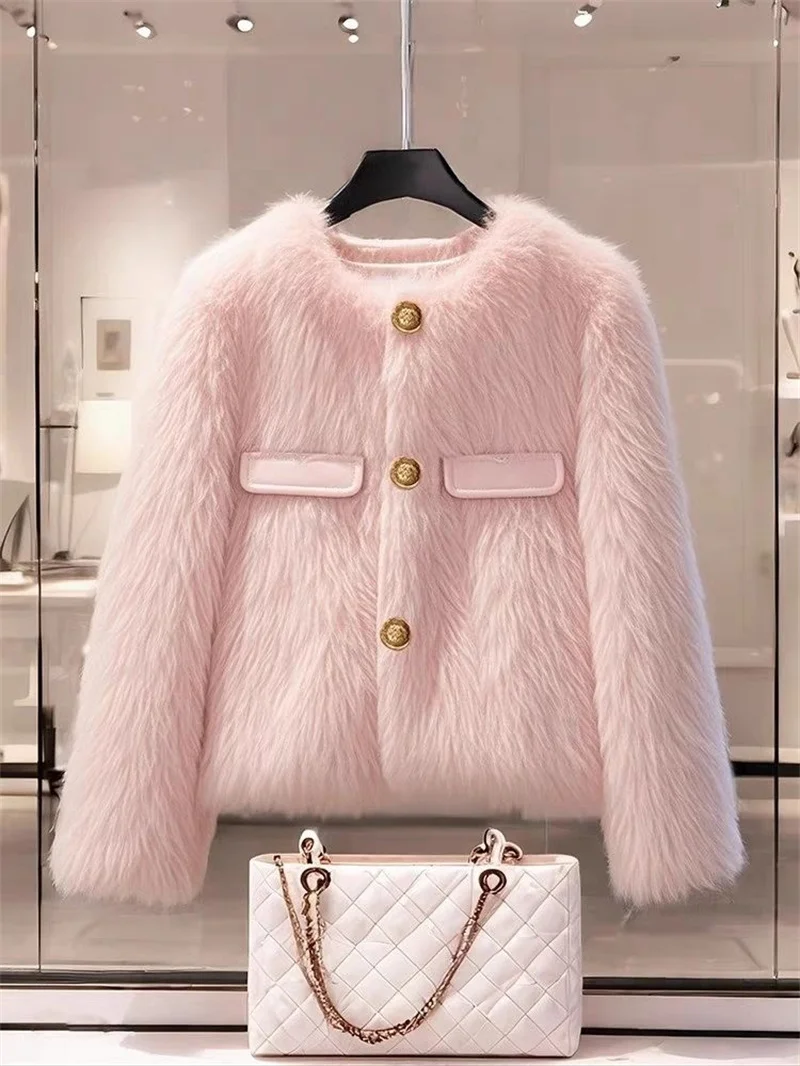 Imitation Fox Fur Coat For Women Spring And Autumn Winter Thickened Short Lamb Wool Coat For Thickening Plush Women Outwear Pink