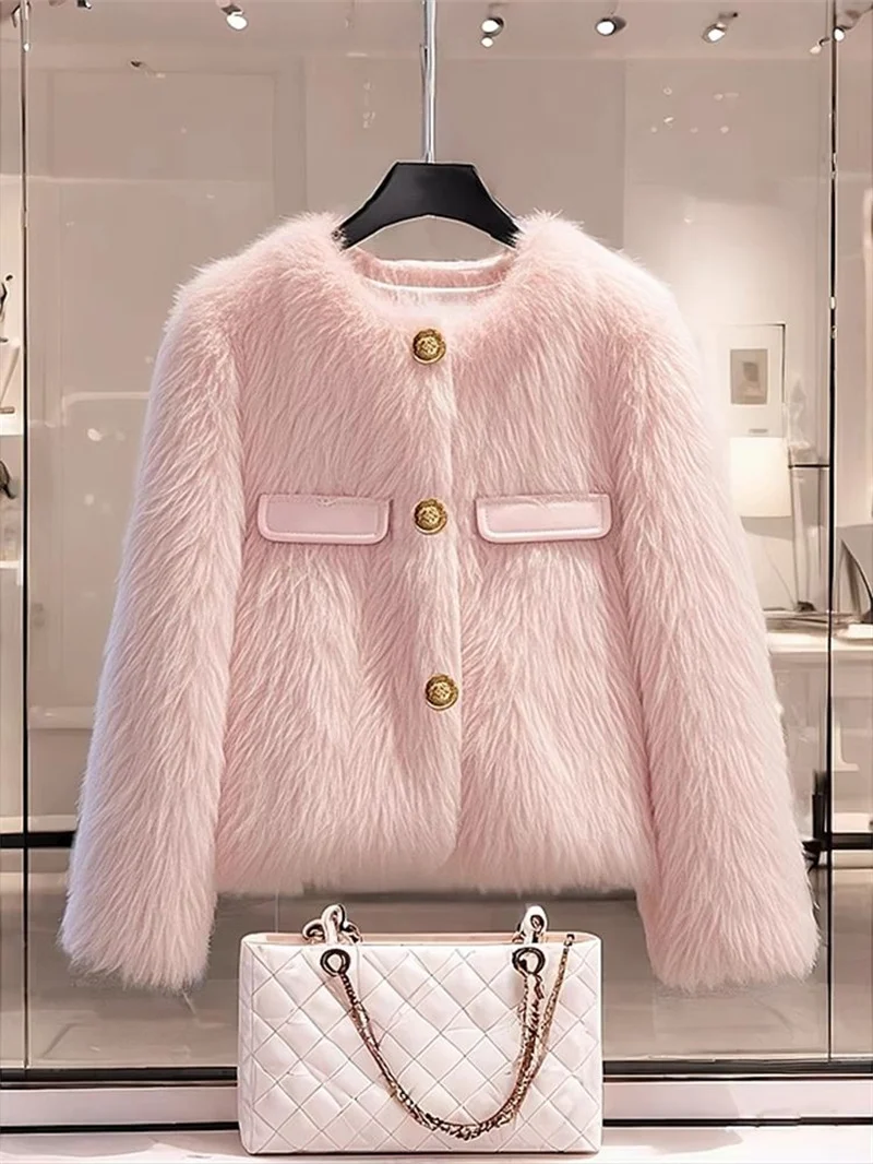 Imitation Fox Fur Coat For Women Spring And Autumn Winter Thickened Short Lamb Wool Coat For Thickening Plush Women Outwear Pink