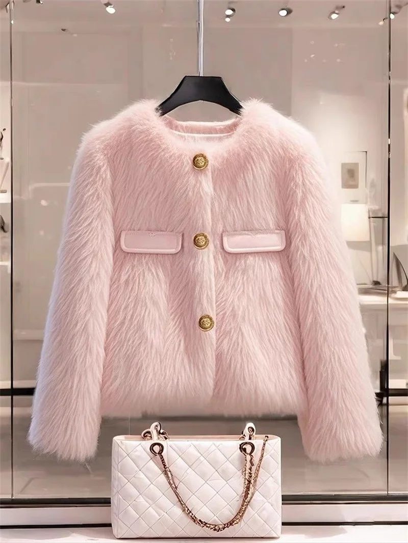 Imitation Fox Fur Coat For Women Spring And Autumn Winter Thickened Short Lamb Wool Coat For Thickening Plush Women Outwear Pink