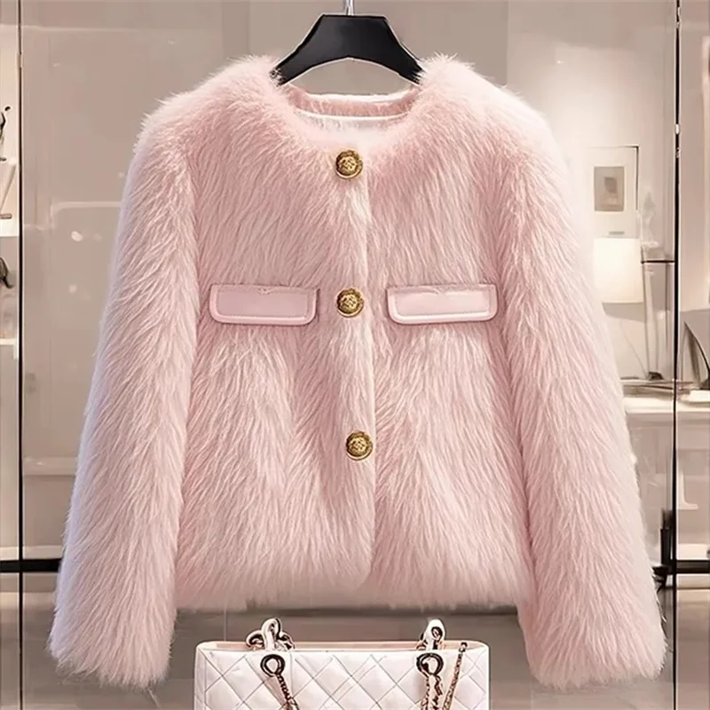 Imitation Fox Fur Coat For Women Spring And Autumn Winter Thickened Short Lamb Wool Coat For Thickening Plush Women Outwear Pink