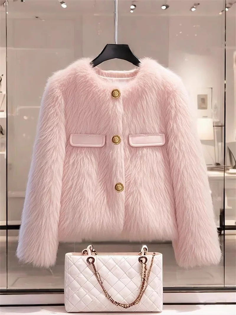 Imitation Fox Fur Coat For Women Spring And Autumn Winter Thickened Short Lamb Wool Coat For Thickening Plush Women Outwear Pink