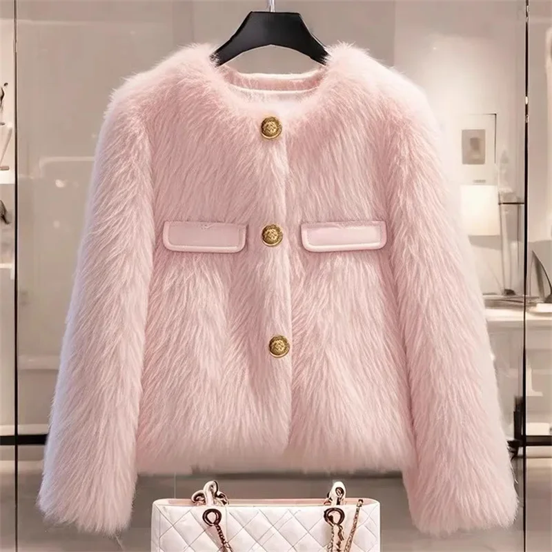 Imitation Fox Fur Coat For Women Spring And Autumn Winter Thickened Short Lamb Wool Coat For Thickening Plush Women Outwear Pink