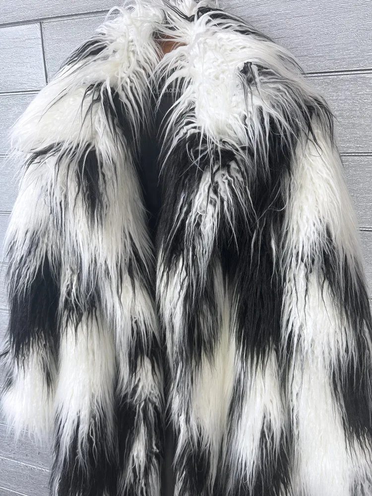 Women Print Long Faux Fur Coat Turn Down Collar Elegant Thick Coat Warm Jackets Lady Loose Coats Streetwear Winter 2025