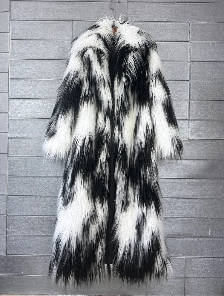 Women Print Long Faux Fur Coat Turn Down Collar Elegant Thick Coat Warm Jackets Lady Loose Coats Streetwear Winter 2025