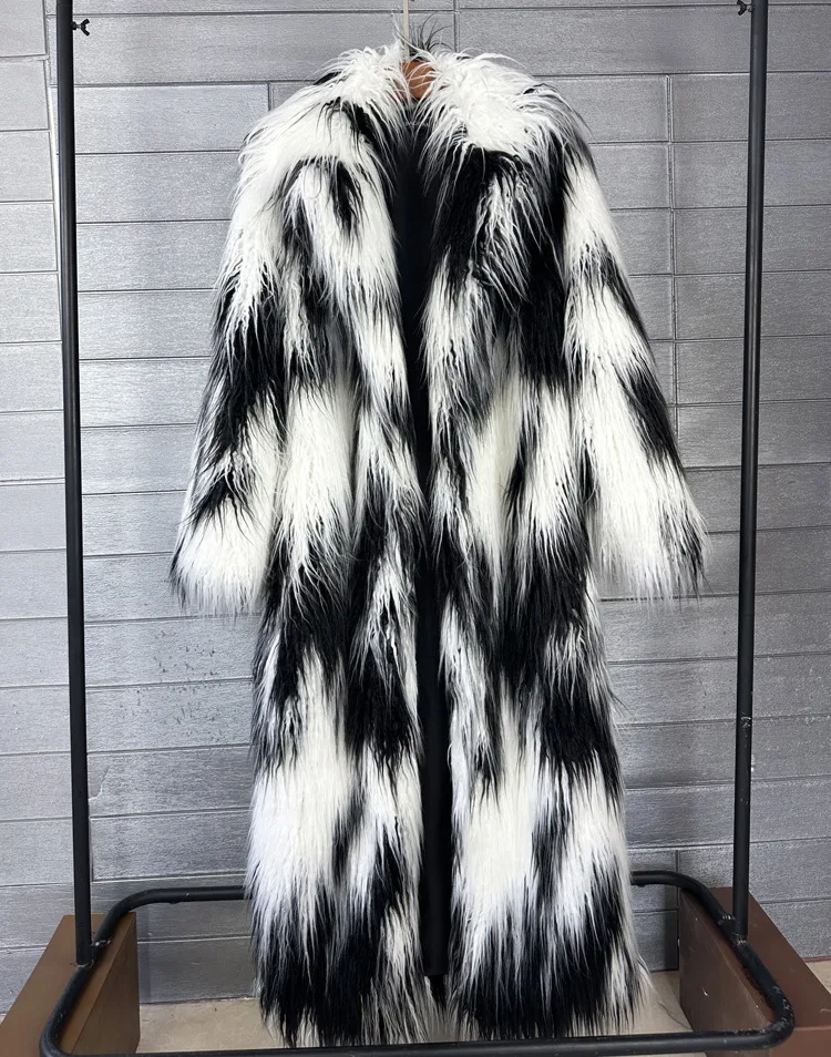 Women Print Long Faux Fur Coat Turn Down Collar Elegant Thick Coat Warm Jackets Lady Loose Coats Streetwear Winter 2025