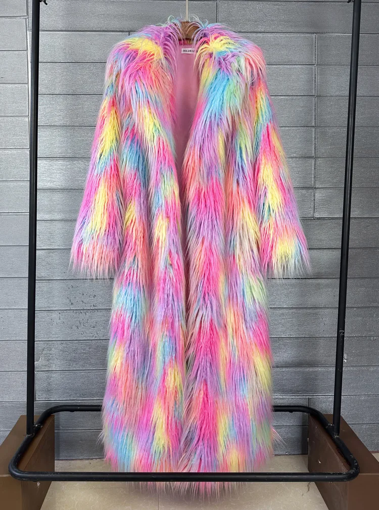 Women Print Long Faux Fur Coat Turn Down Collar Elegant Thick Coat Warm Jackets Lady Loose Coats Streetwear Winter 2025