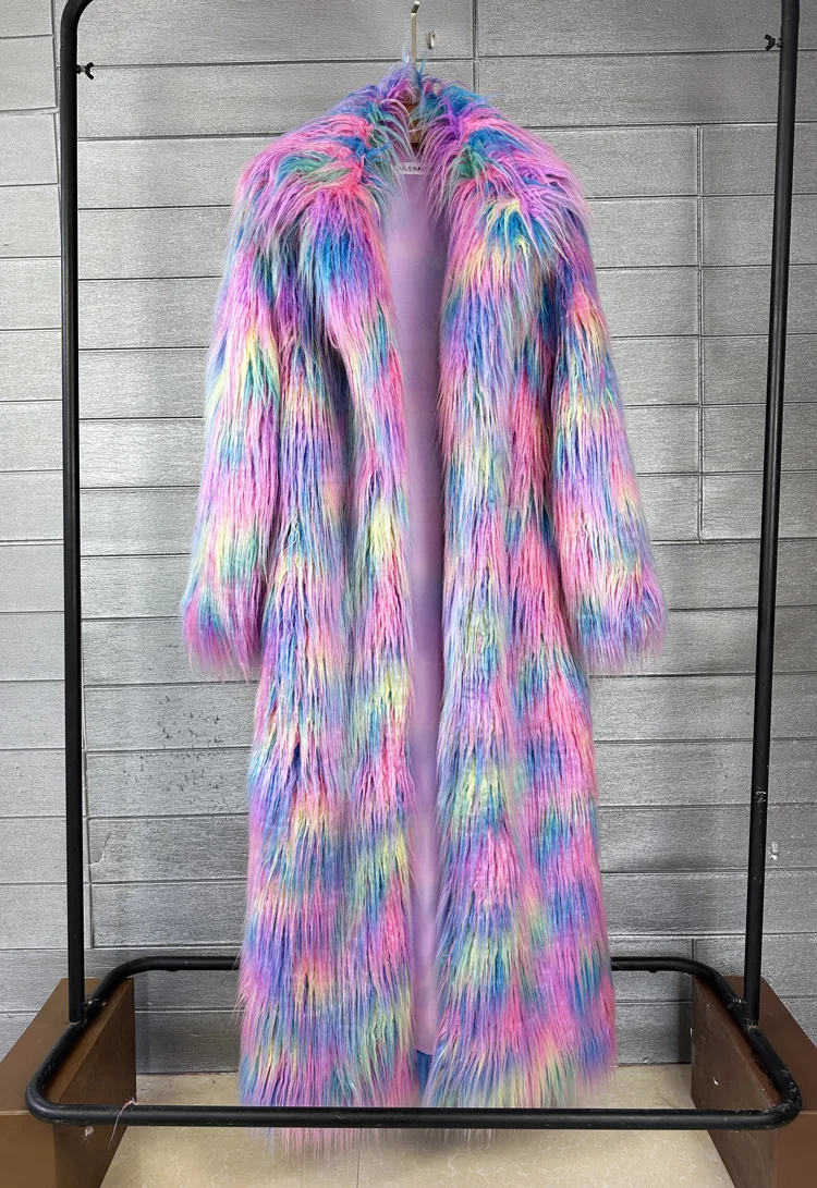 Women Print Long Faux Fur Coat Turn Down Collar Elegant Thick Coat Warm Jackets Lady Loose Coats Streetwear Winter 2025