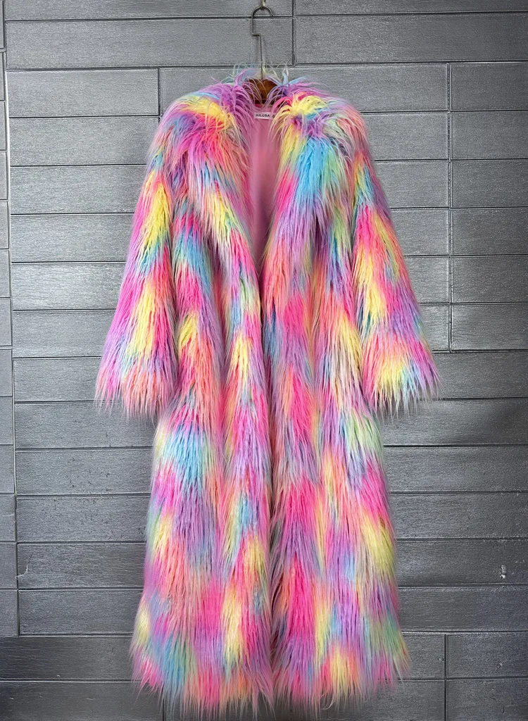 Women Print Long Faux Fur Coat Turn Down Collar Elegant Thick Coat Warm Jackets Lady Loose Coats Streetwear Winter 2025