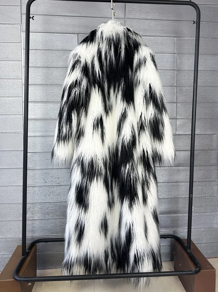 Women Print Long Faux Fur Coat Turn Down Collar Elegant Thick Coat Warm Jackets Lady Loose Coats Streetwear Winter 2025