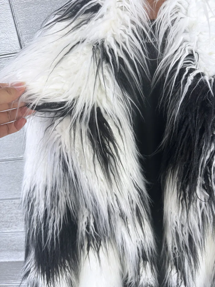 Women Print Long Faux Fur Coat Turn Down Collar Elegant Thick Coat Warm Jackets Lady Loose Coats Streetwear Winter 2025