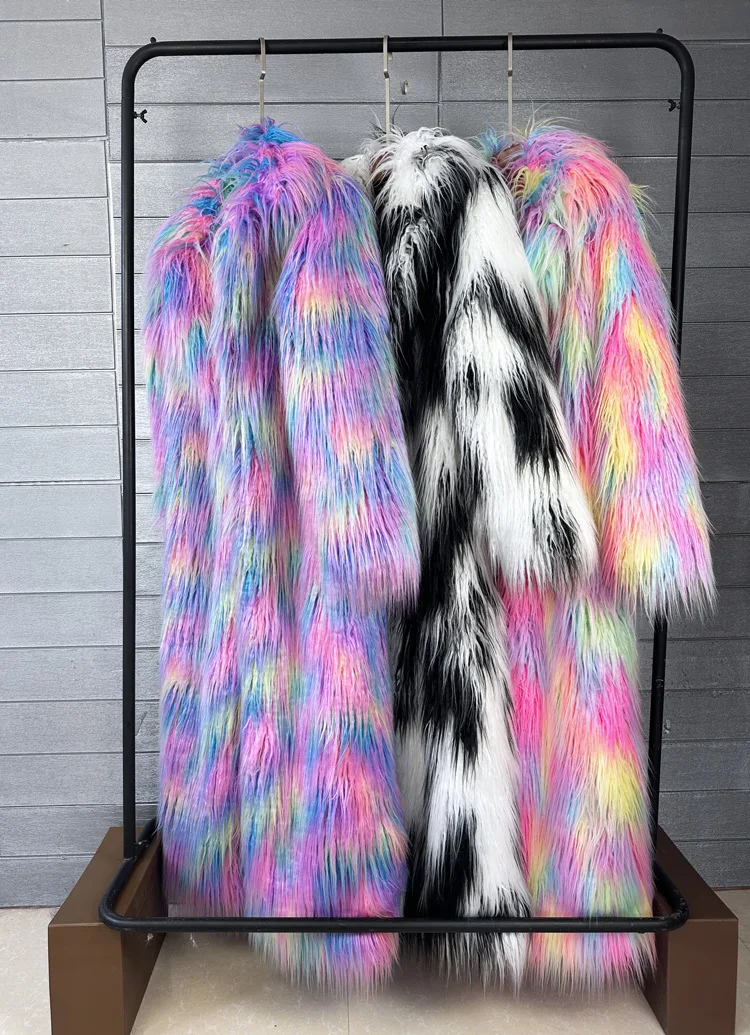 Women Print Long Faux Fur Coat Turn Down Collar Elegant Thick Coat Warm Jackets Lady Loose Coats Streetwear Winter 2025