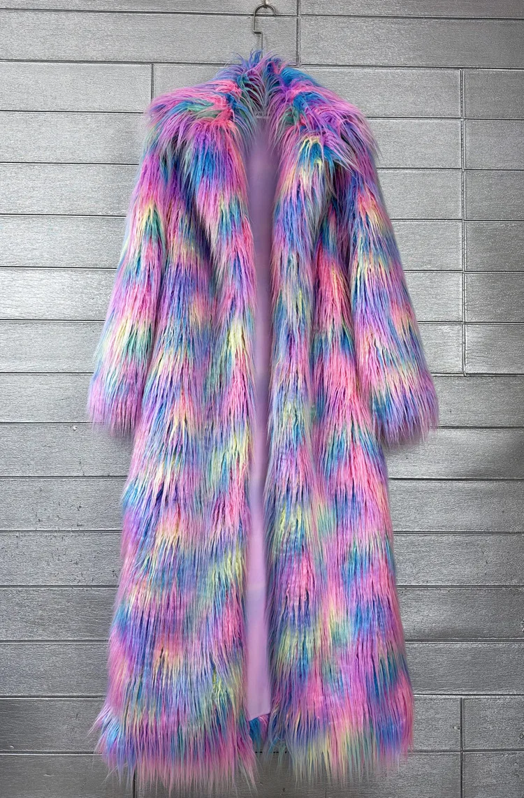 Women Print Long Faux Fur Coat Turn Down Collar Elegant Thick Coat Warm Jackets Lady Loose Coats Streetwear Winter 2025